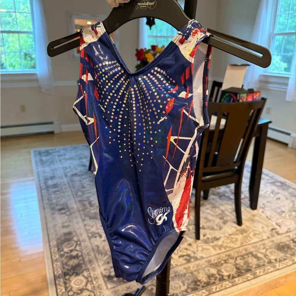 GK Shimmering Blue and Red Leotard Gymnastics Simone